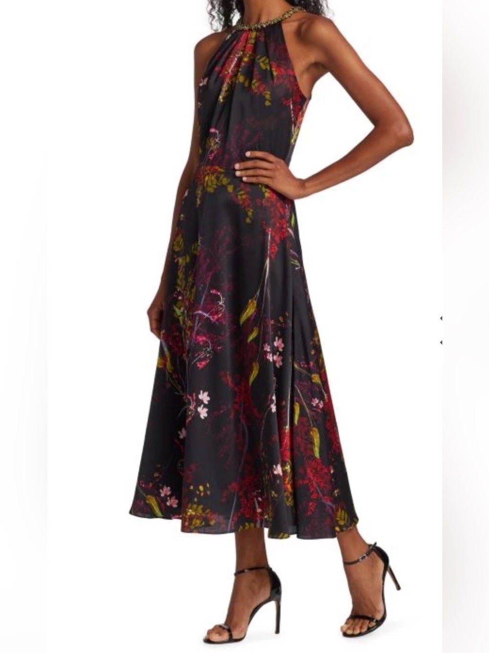 Rickie Freeman Teri Jon Floral-Print Charmeuse Bejeweled Halter Dress Size 8 - Picture 2 of 15